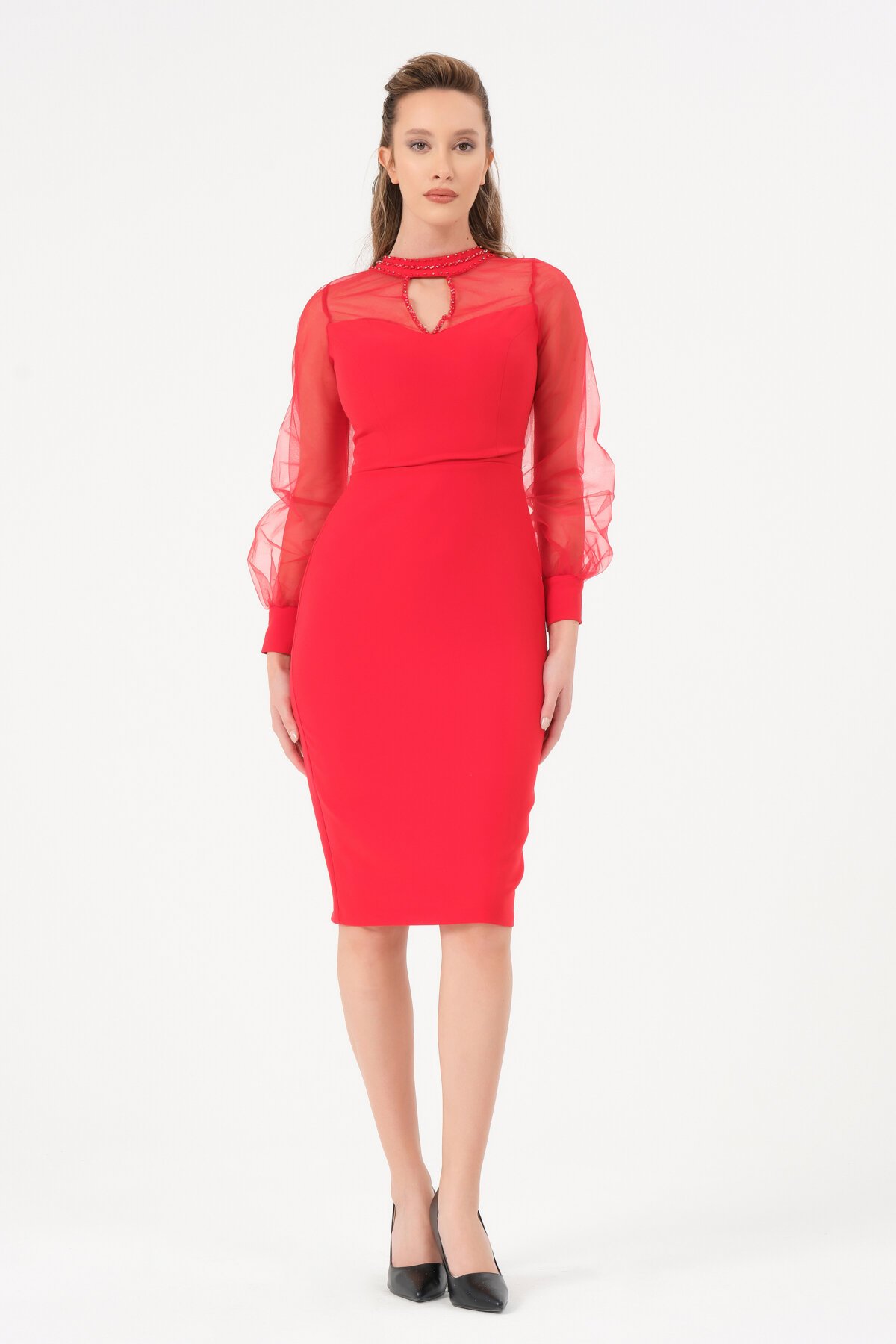 Tül Detaylı Midi Elbise - 1601