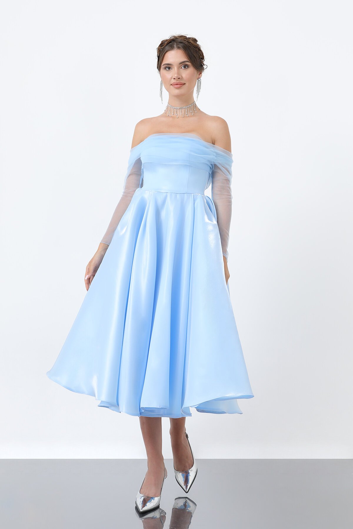 Tül Detaylı Omuz Açık Midi Elbise - 1811