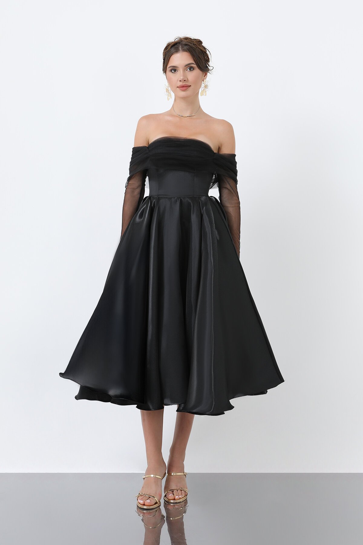 Tül Detaylı Omuz Açık Midi Elbise - 1811