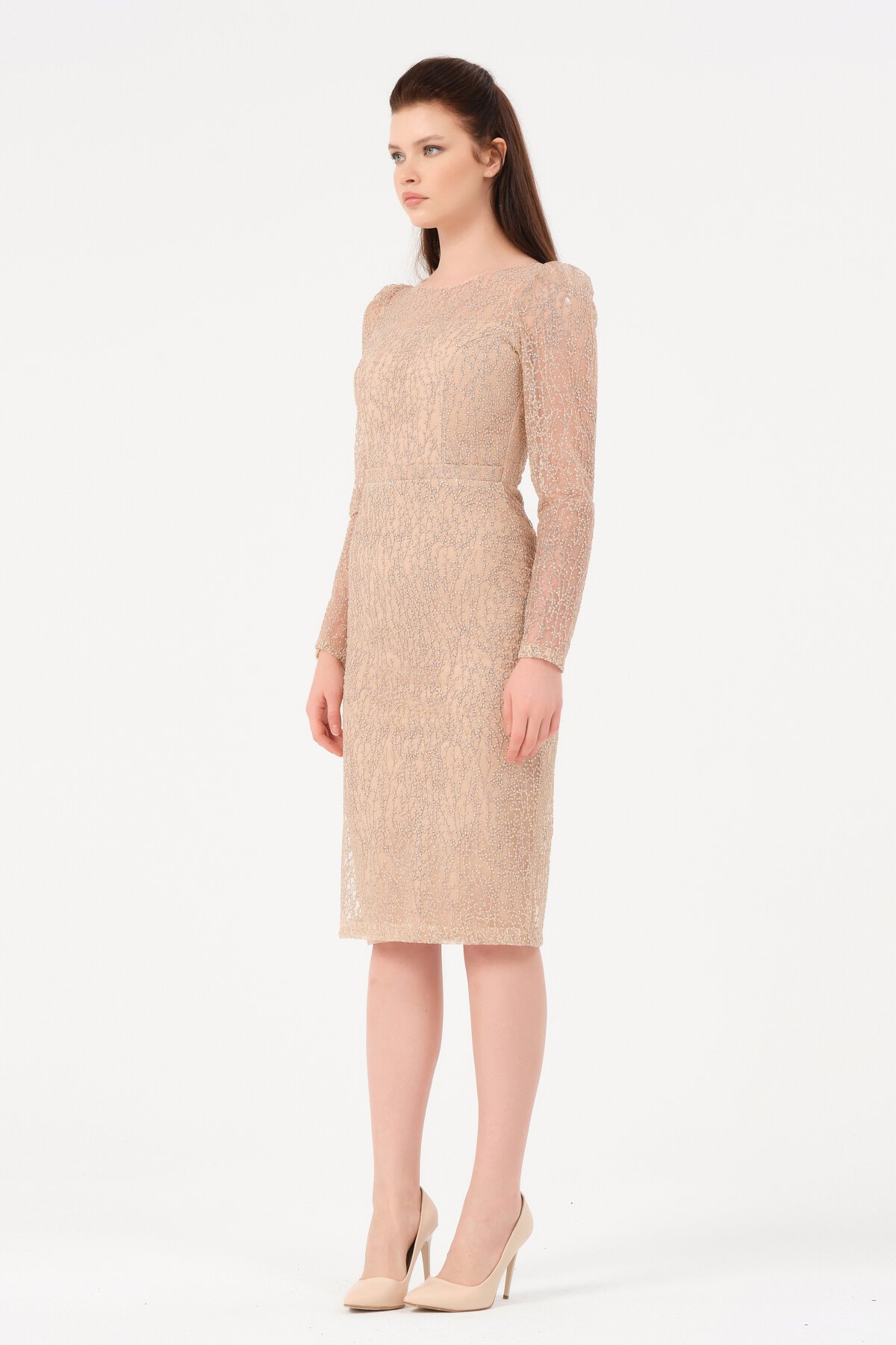 Tül Kumaş Detaylı Midi Elbise - 1619