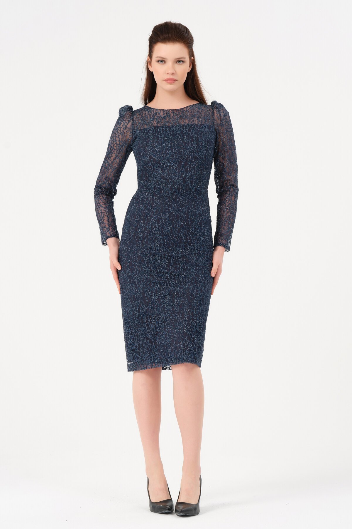 Tül Kumaş Detaylı Midi Elbise - 1619