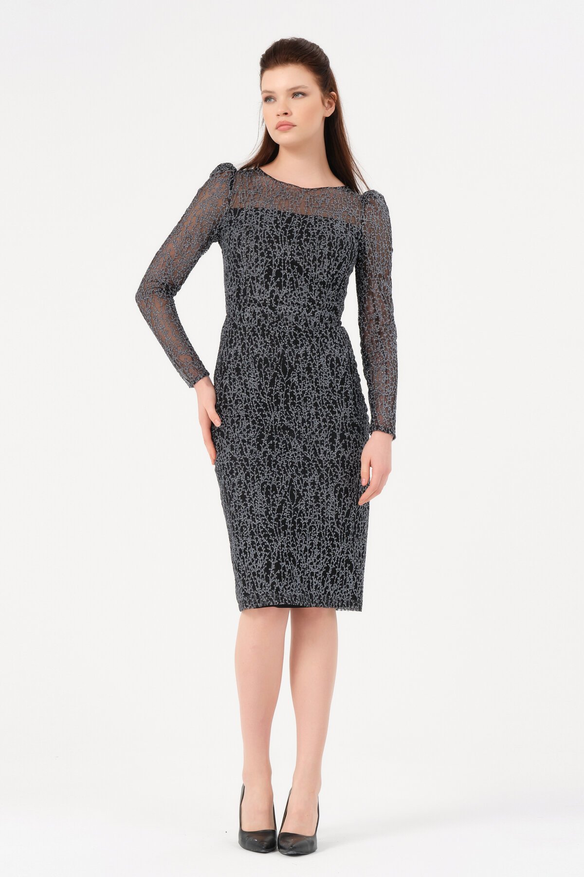 Tül Kumaş Detaylı Midi Elbise - 1619