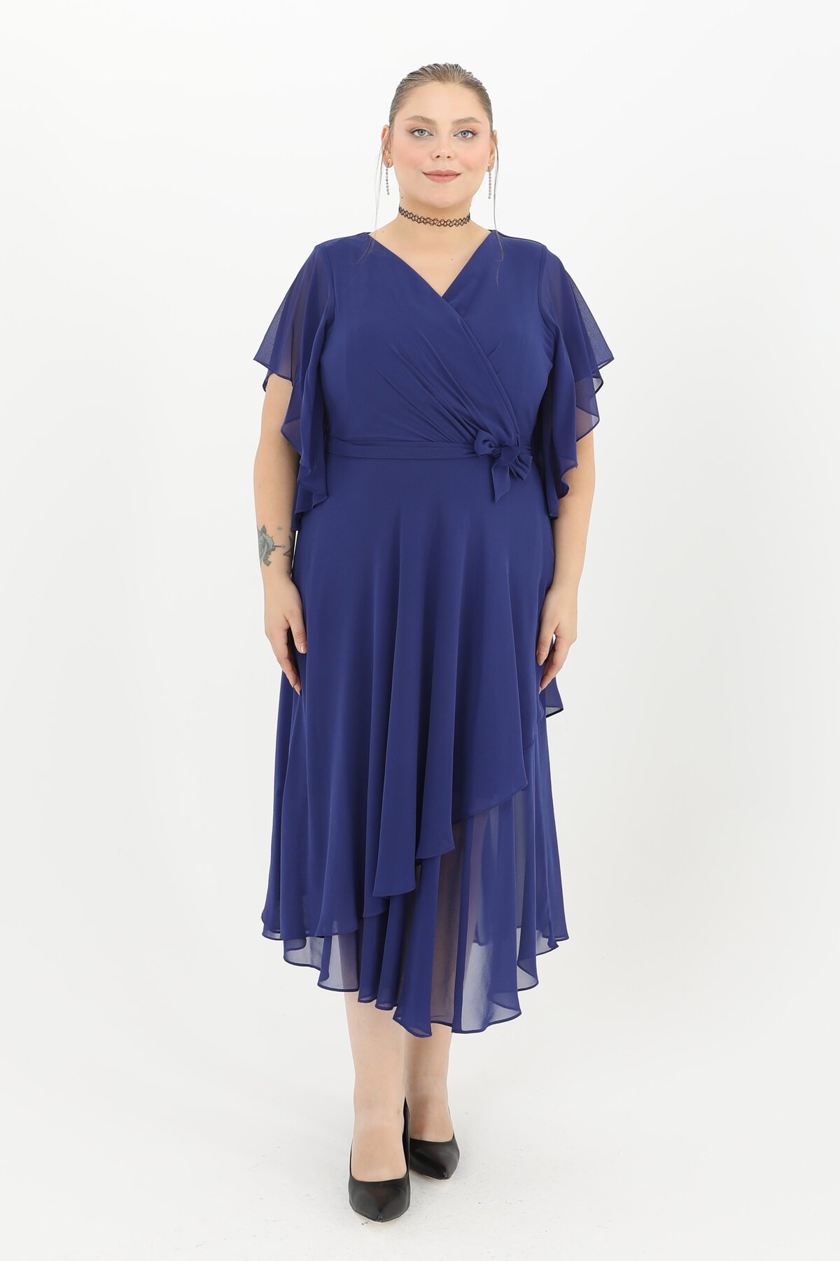 Volanlı Kruvaze Yaka Midi Elbise - 1666