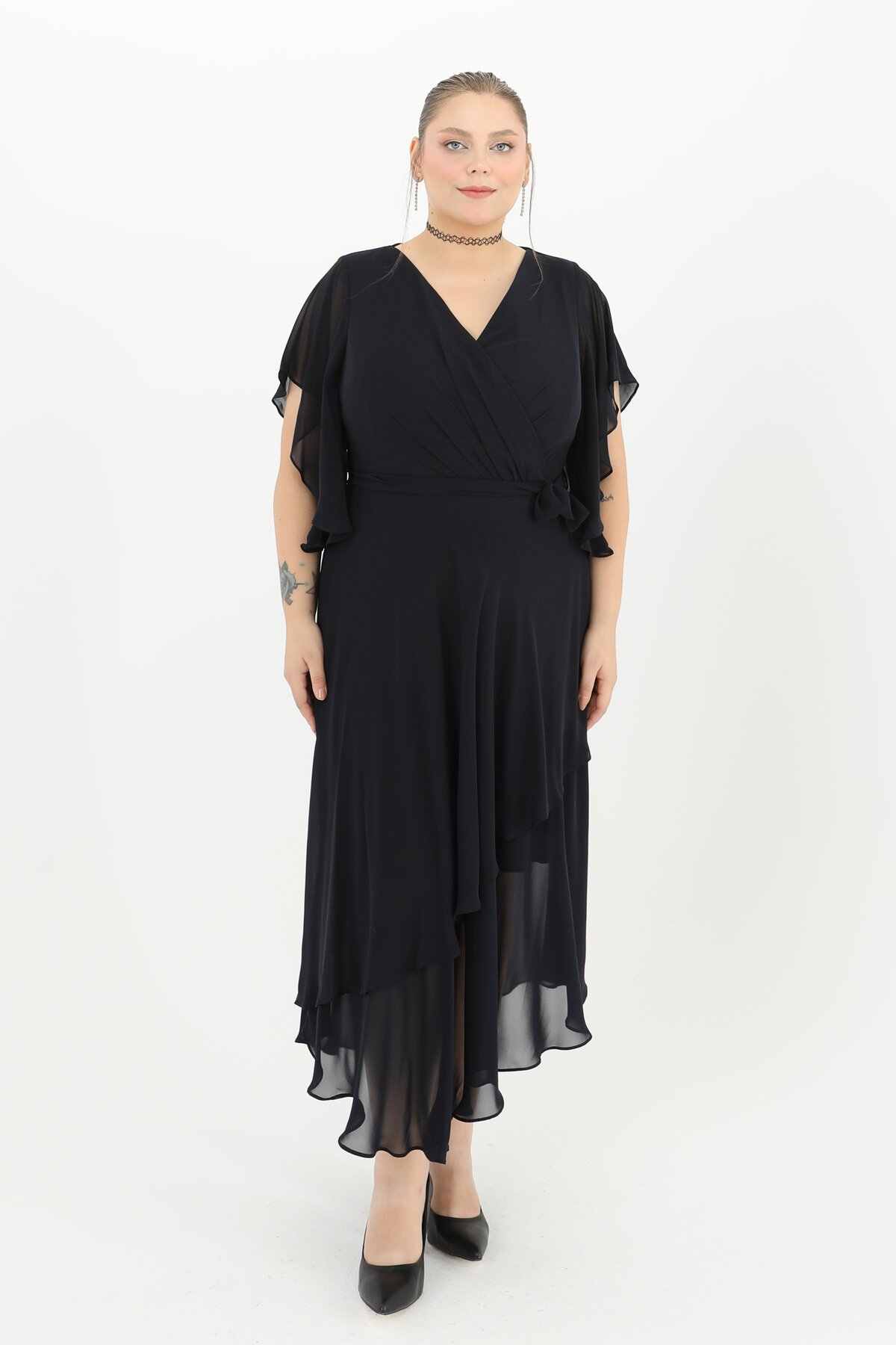 Volanlı Kruvaze Yaka Midi Elbise - 1666