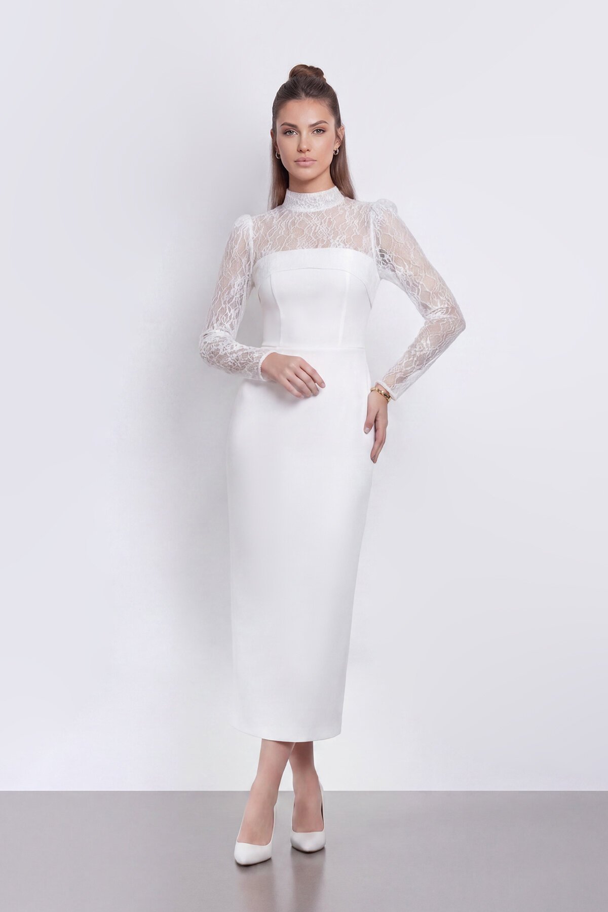 Uzun Kollu Dantel Detaylı Midi Elbise - 2153