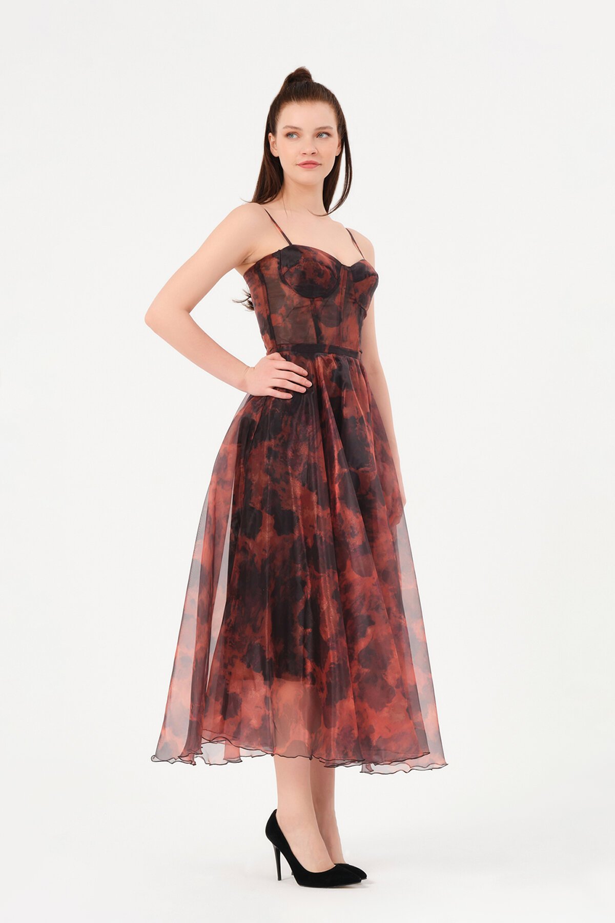 Askılı Desenli Midi Elbise - 1579