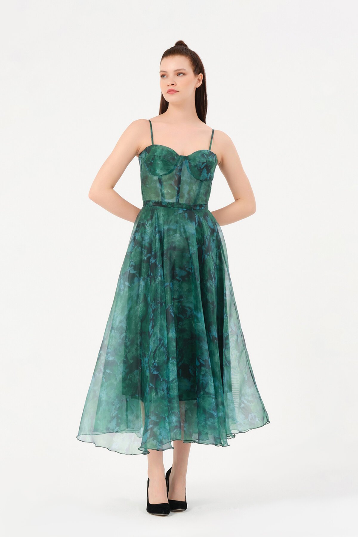 Askılı Desenli Midi Elbise - 1579