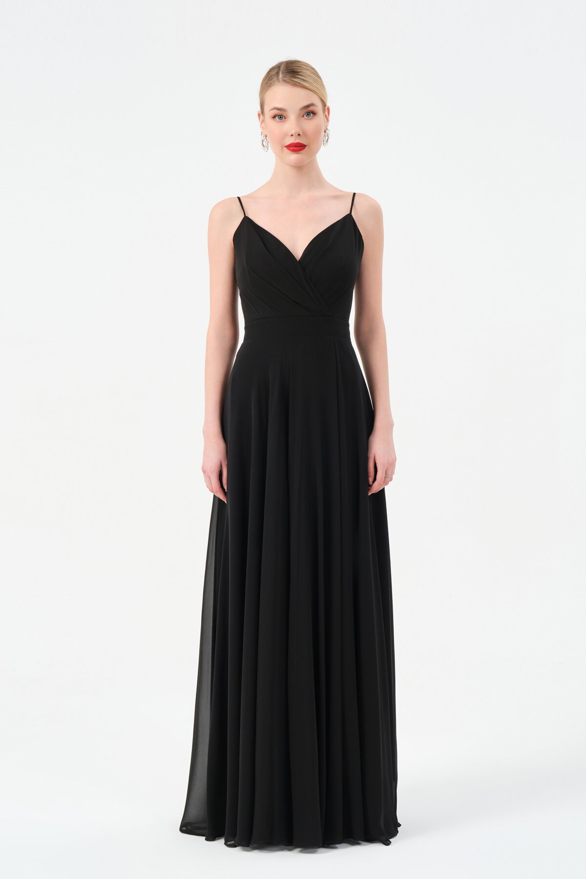 Askılı Drapeli Kruvaze Yaka Elbise - 1524