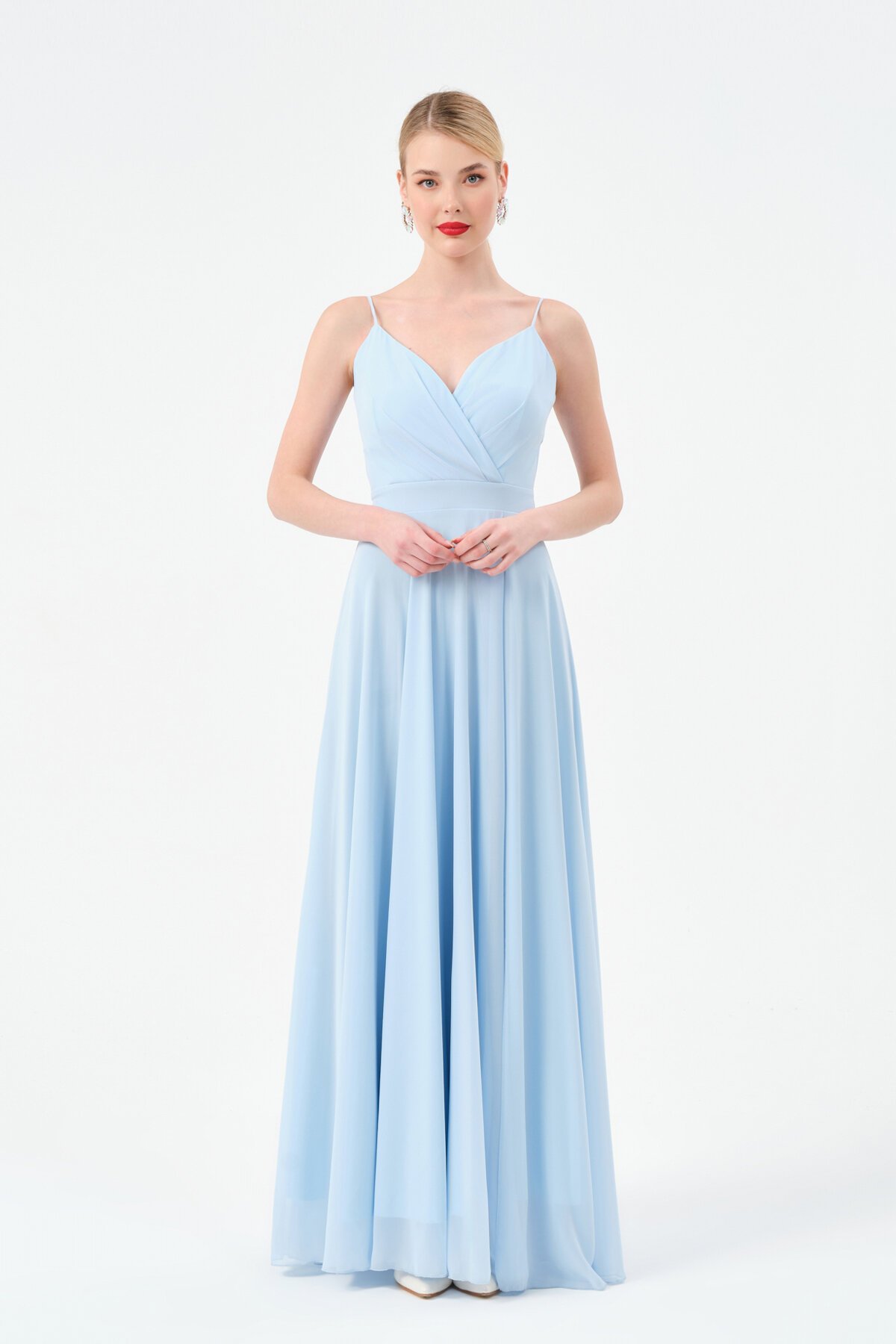 Askılı Drapeli Kruvaze Yaka Elbise - 1524