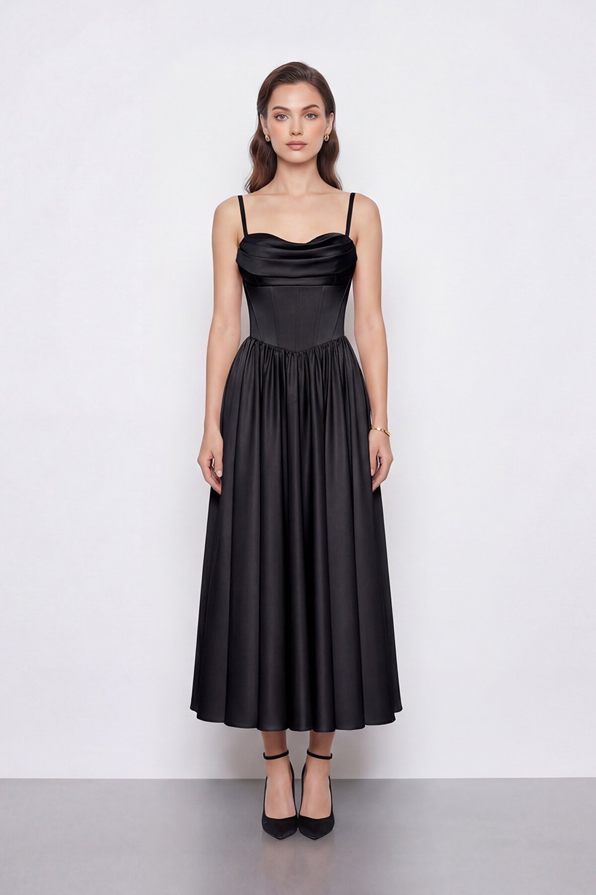 Askılı Drapeli Midi Elbise - 2070