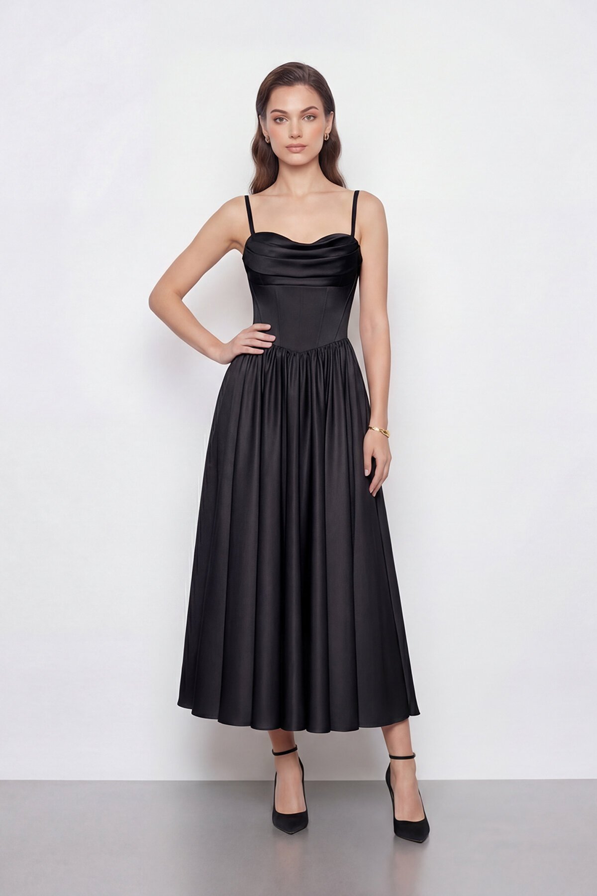 Askılı Drapeli Midi Elbise - 2070