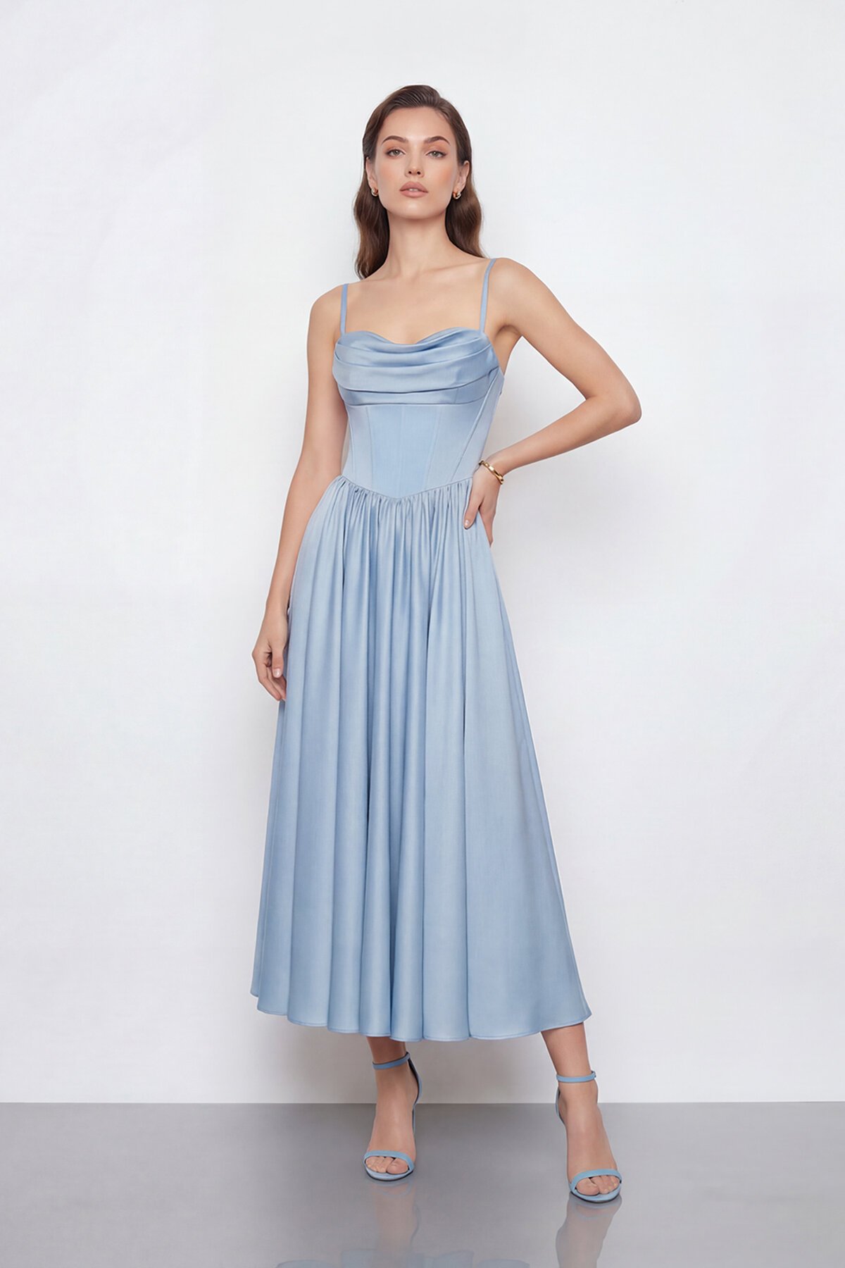 Askılı Drapeli Midi Elbise - 2070