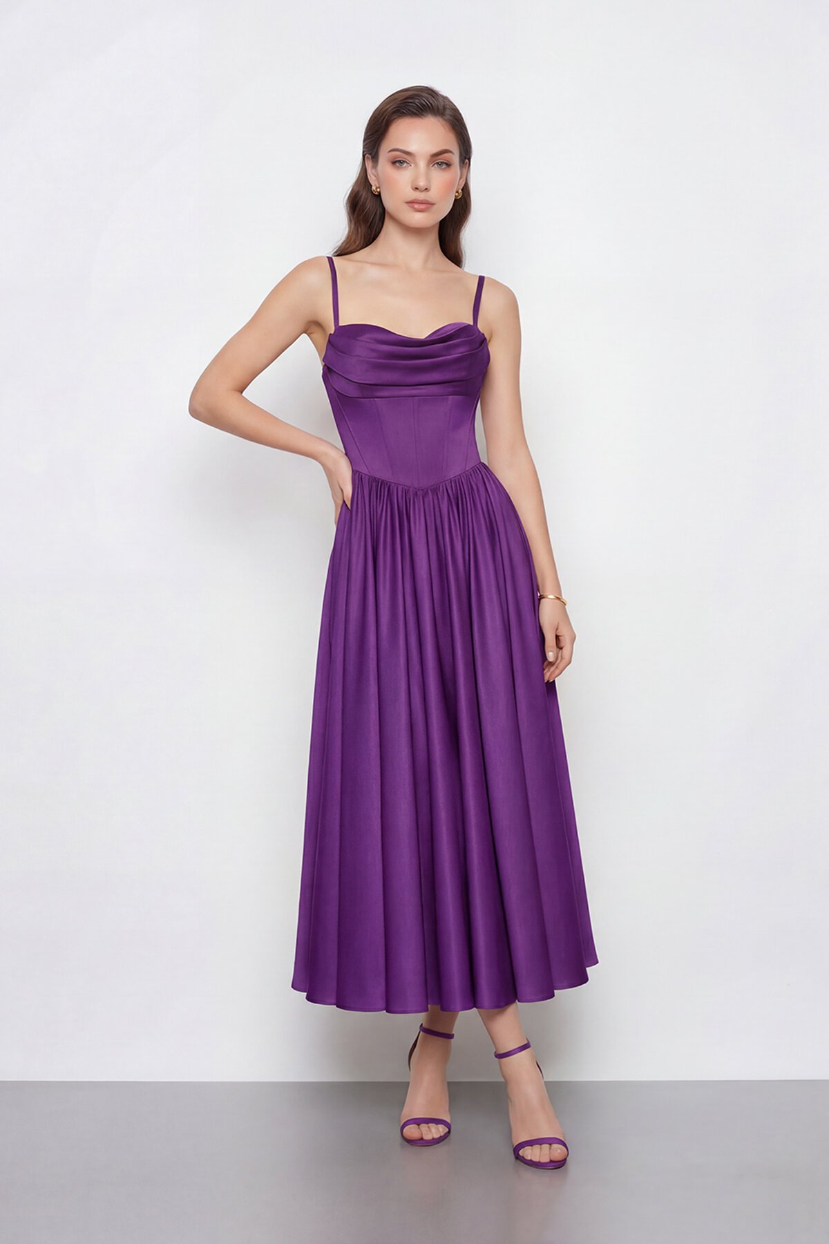 Askılı Drapeli Midi Elbise - 2070