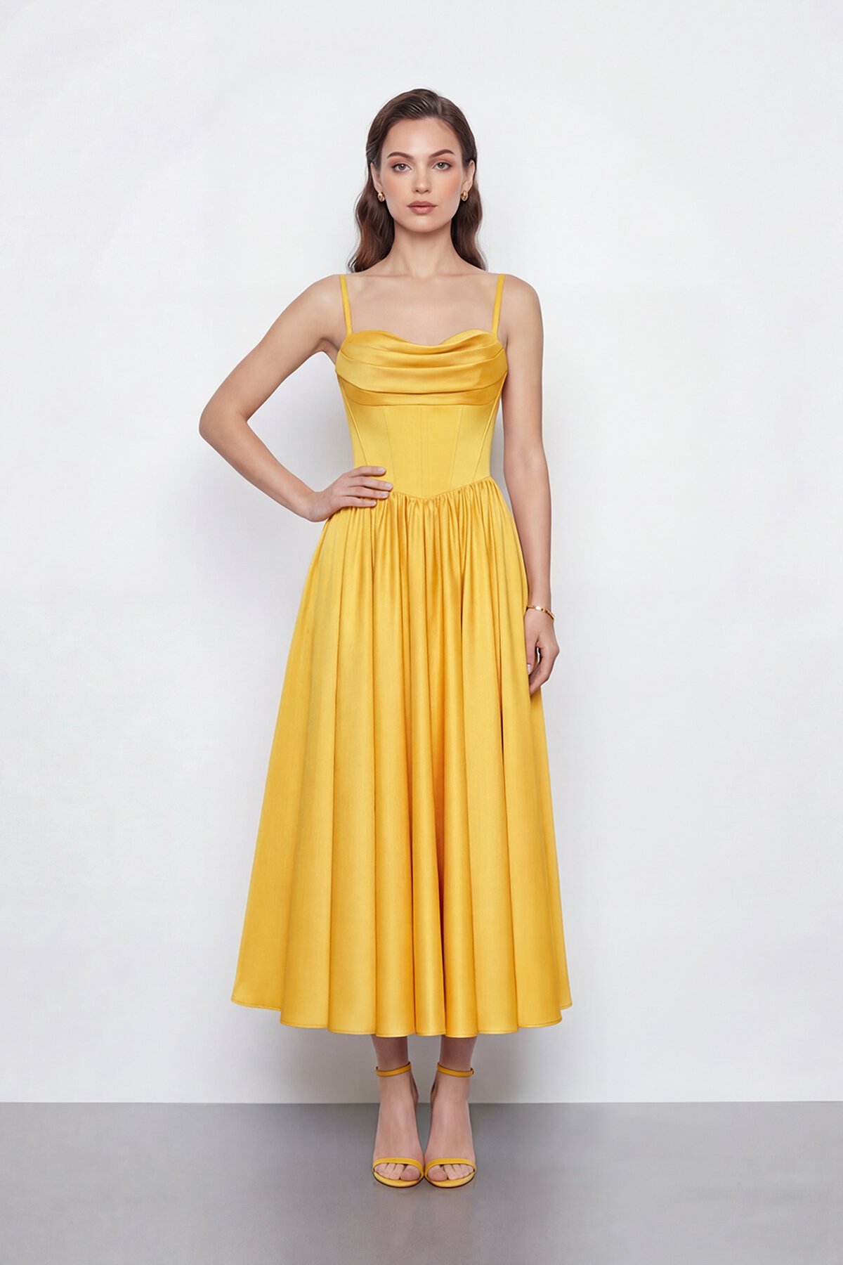 Askılı Drapeli Midi Elbise - 2070