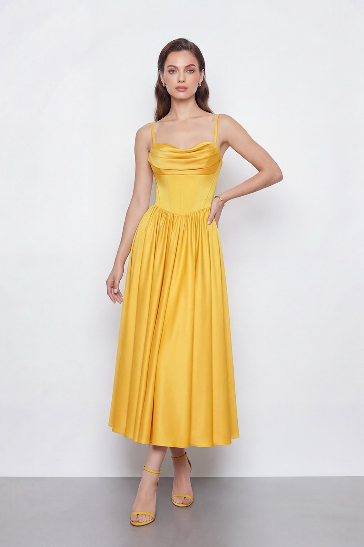 Askılı Drapeli Midi Elbise - 2070