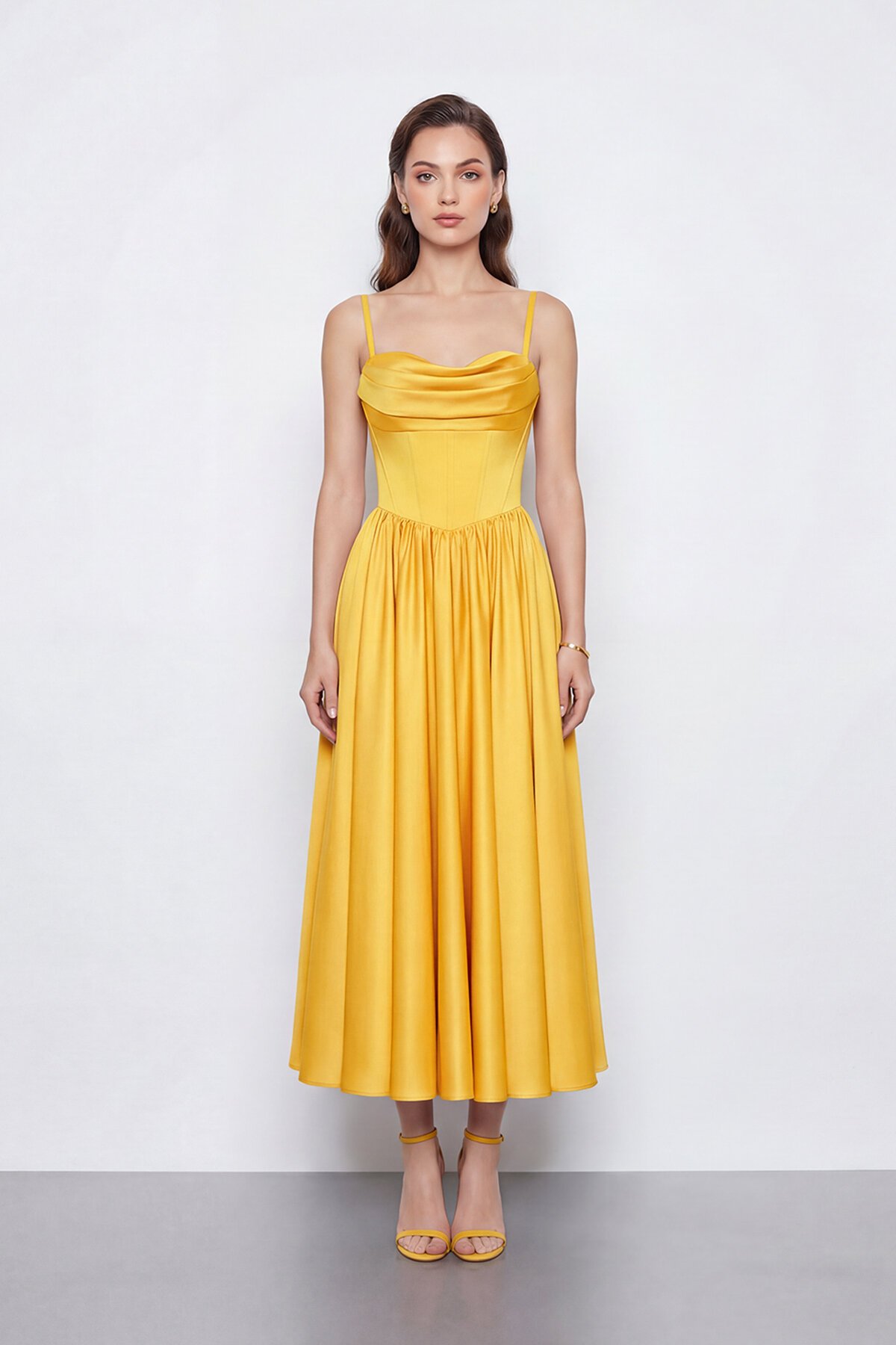 Askılı Drapeli Midi Elbise - 2070