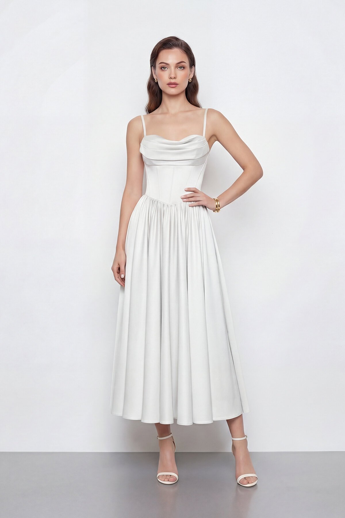 Askılı Drapeli Midi Elbise - 2070