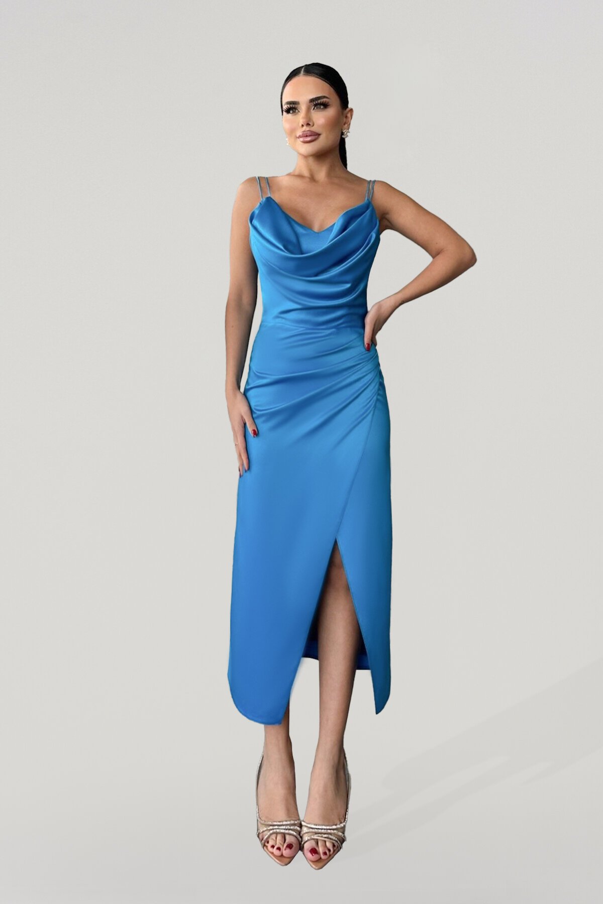 Askılı Drapeli Yırtmaçlı Elbise  - 1770