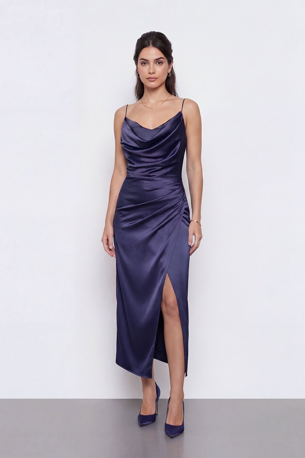 Askılı Drapeli Yırtmaçlı Elbise  - 1770