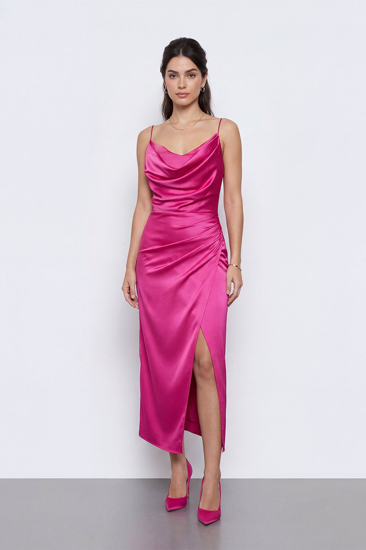 Askılı Drapeli Yırtmaçlı Elbise  - 1770