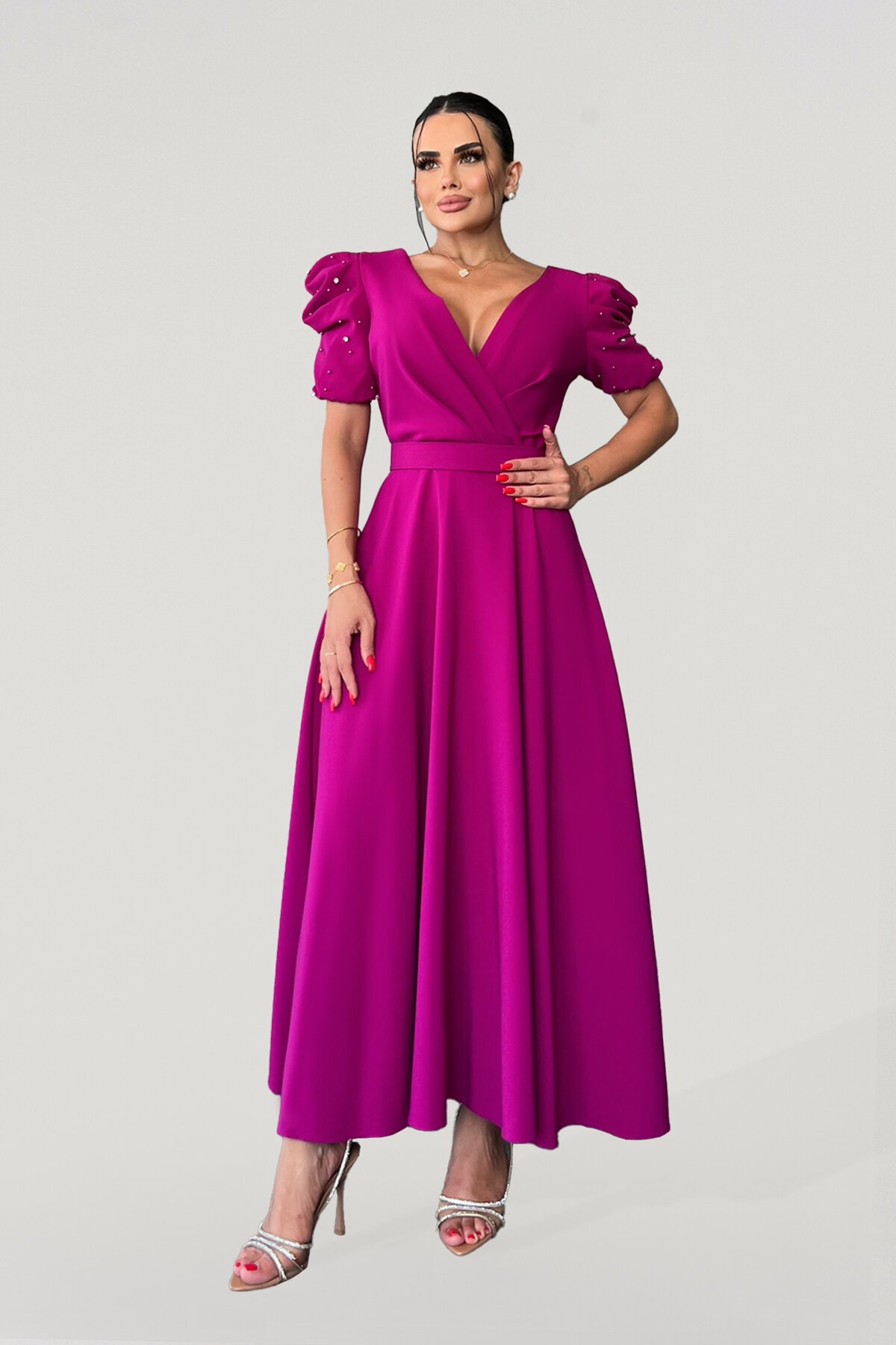 Balon Kol İnci Detaylı Midi Elbise - 1644