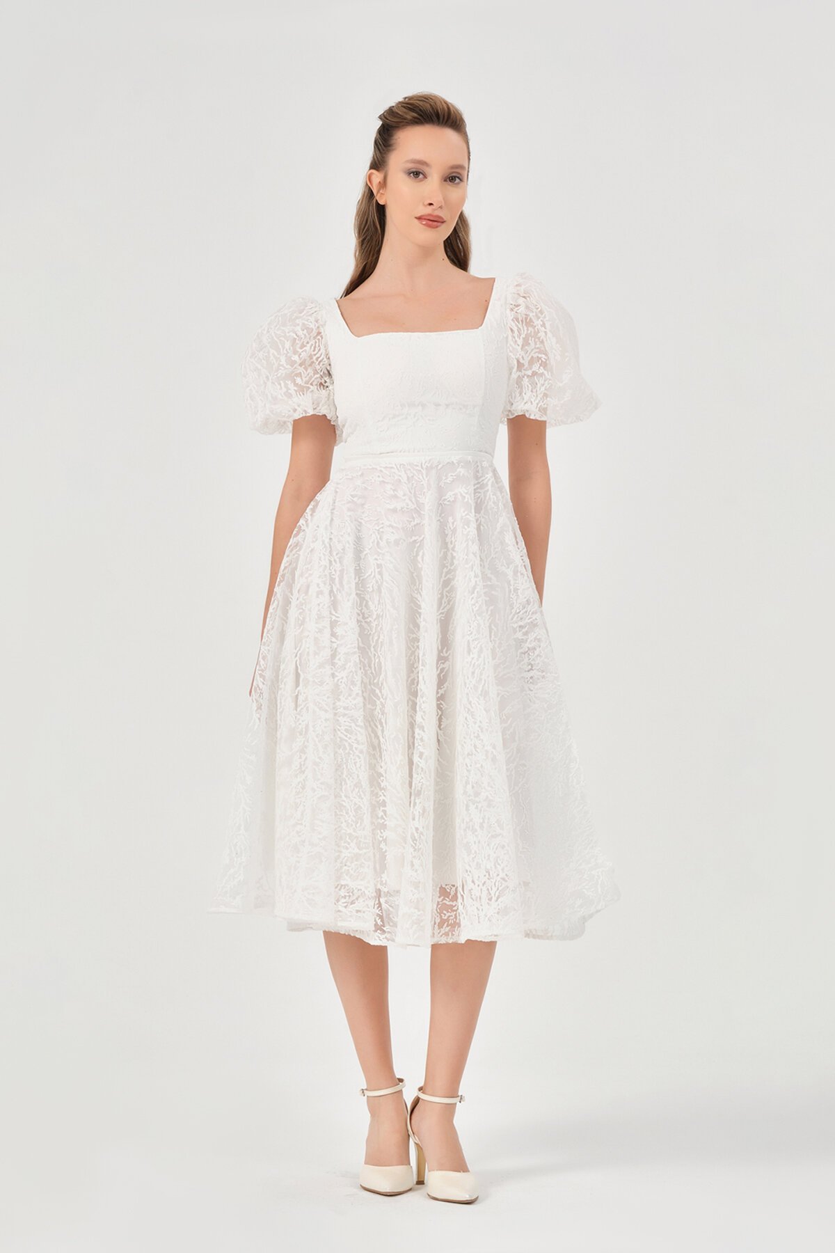 Balon Kollu Kare Yaka Midi Elbise - 1491