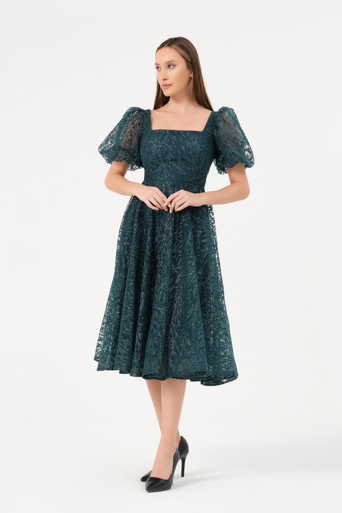 Balon Kollu Kare Yaka Midi Elbise - 1491