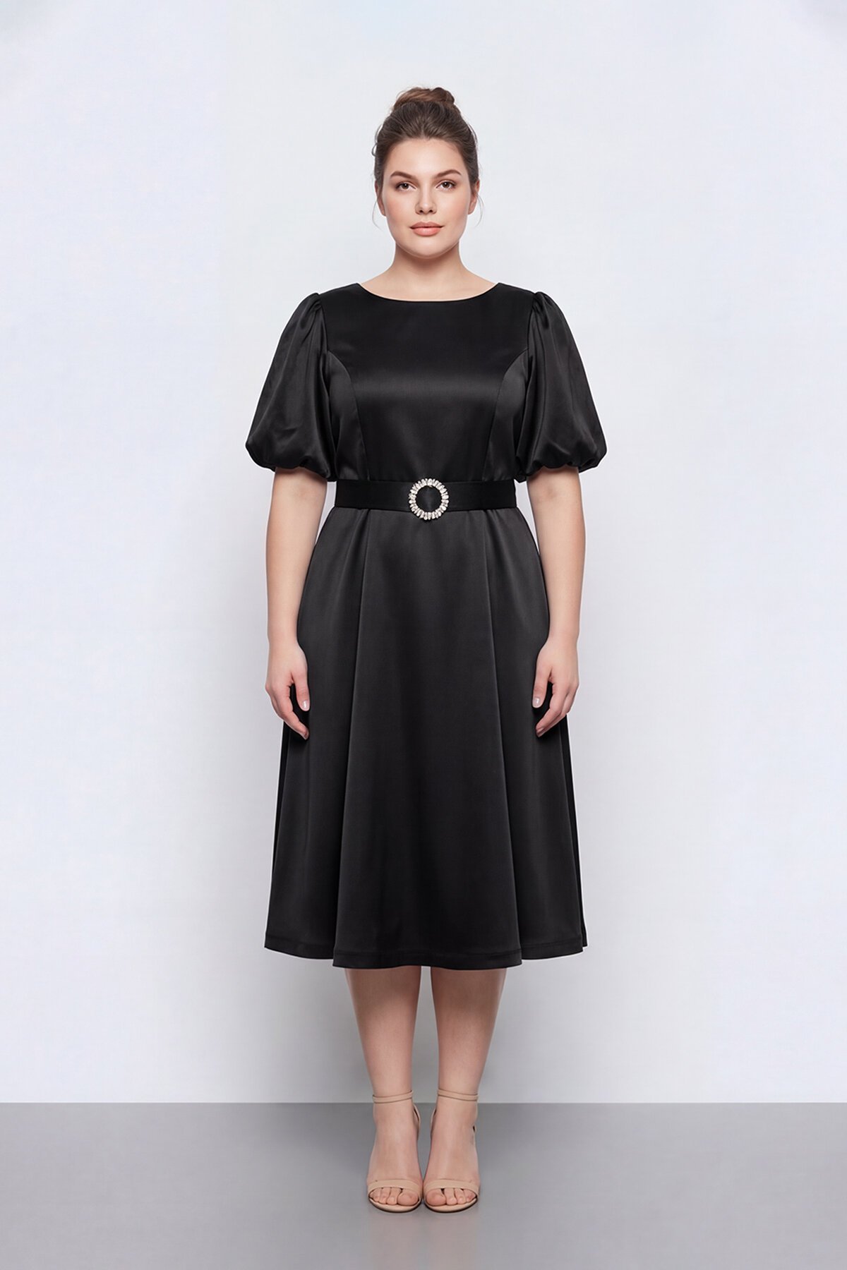 Balon Kollu Kemer Aksesuarlı Midi Abiye - 1621