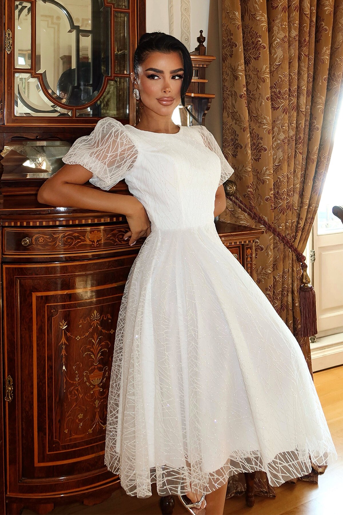 Balon Kollu Simli Midi Elbise - 1778