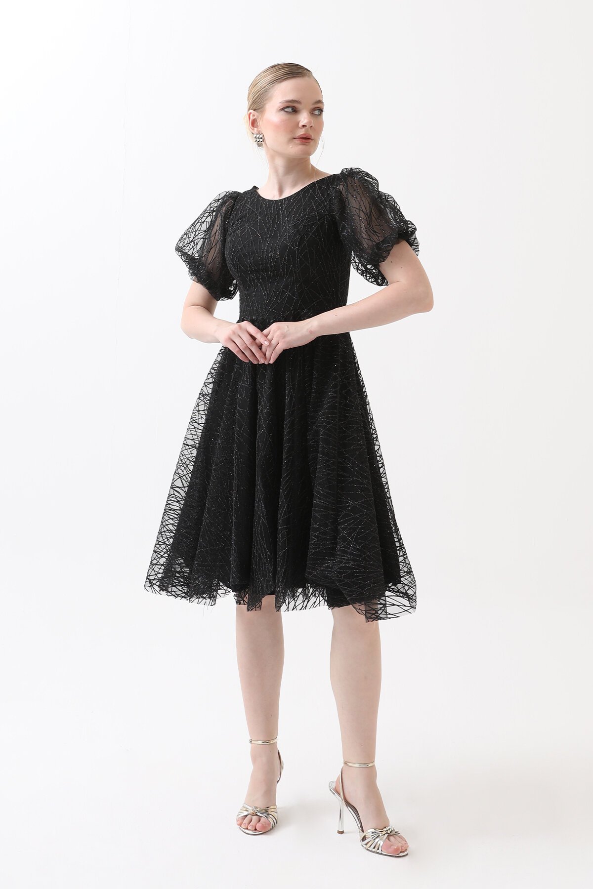 Balon Kollu Simli Midi Elbise - 1778