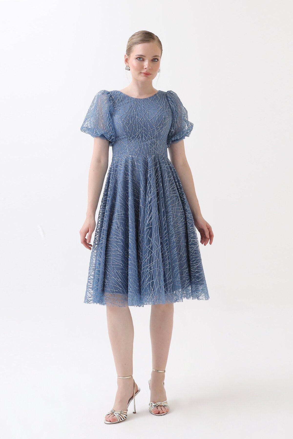 Balon Kollu Simli Midi Elbise - 1778