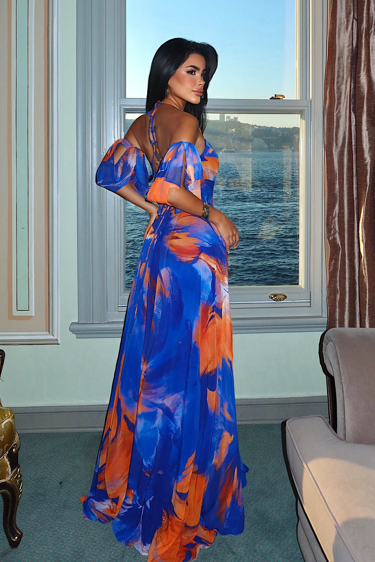 Baskılı Şifon Elbise - 1842