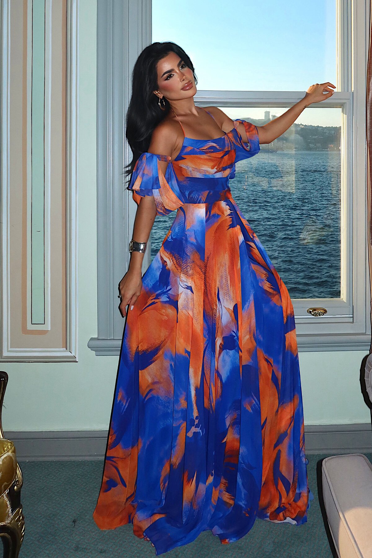 Baskılı Şifon Elbise - 1842