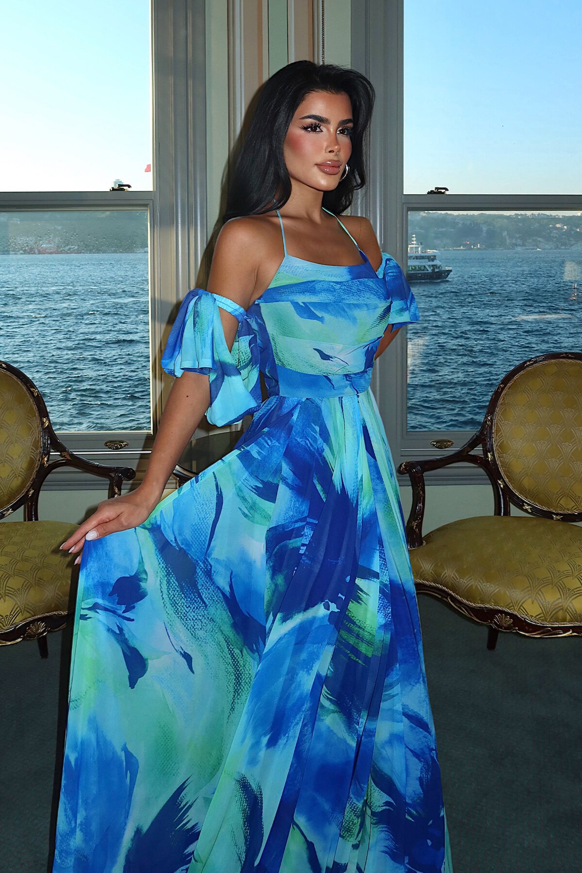 Baskılı Şifon Elbise - 1842