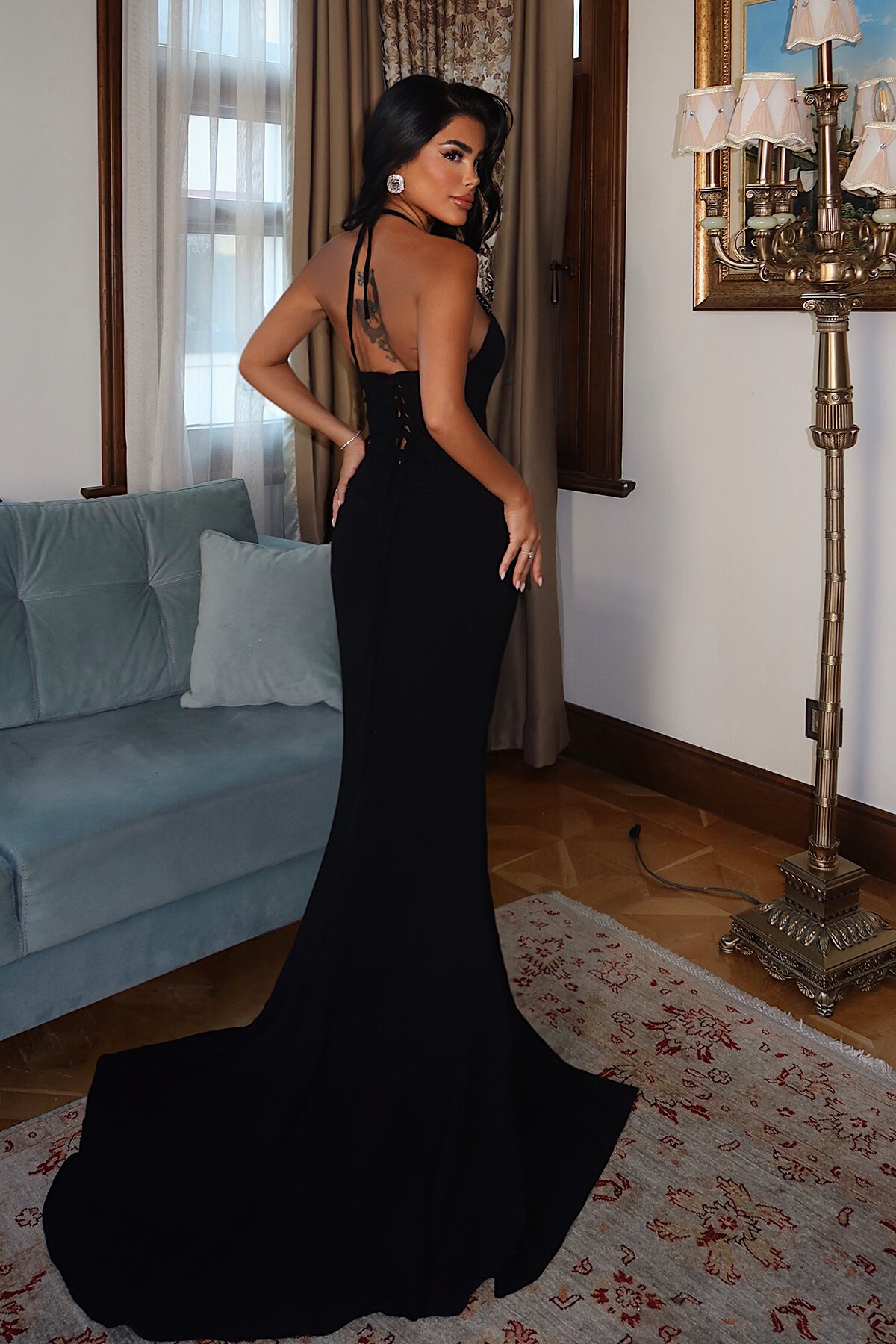 Boyundan Bağlamalı Taş İşlemeli Elbise - 1821