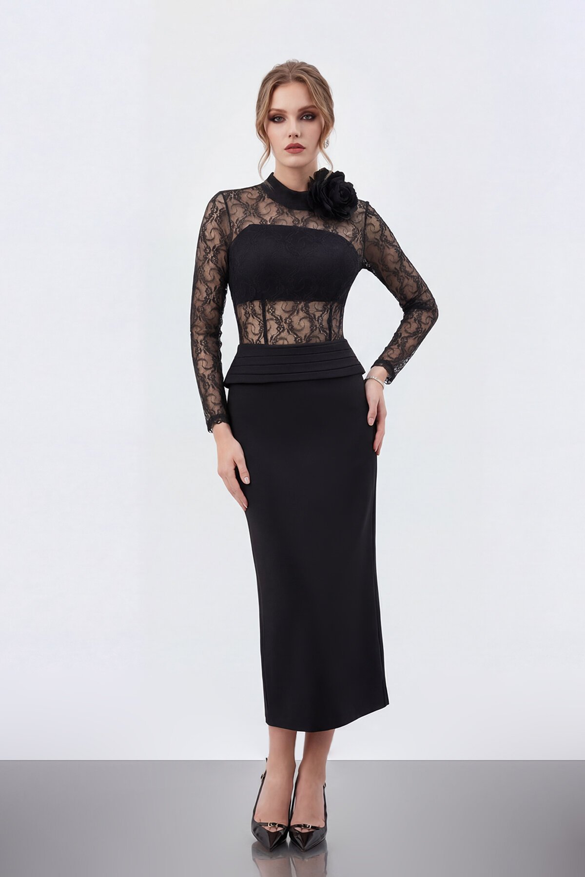 Dantel Büstiyer Detaylı Midi Elbise - 2041