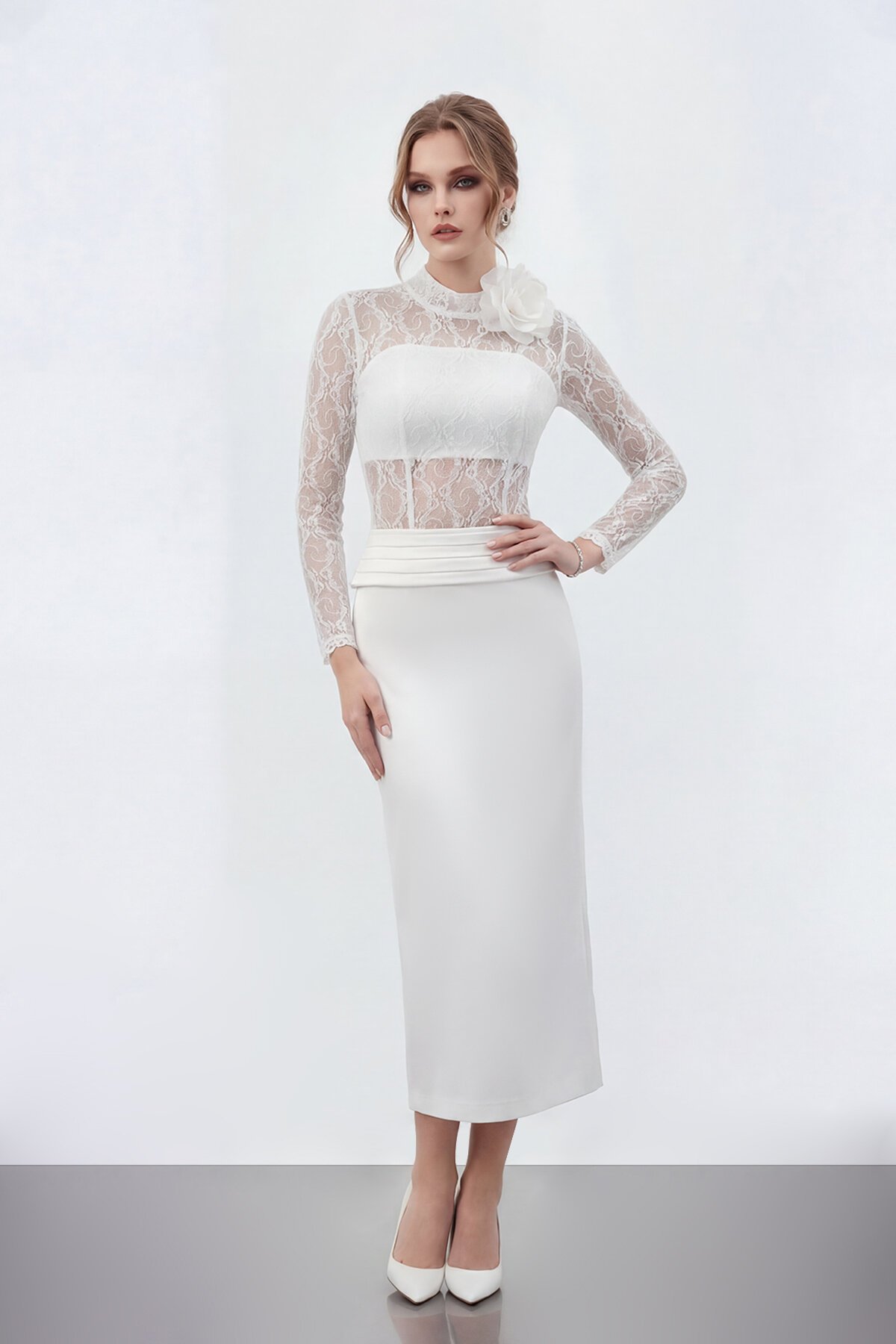 Dantel Büstiyer Detaylı Midi Elbise - 2041
