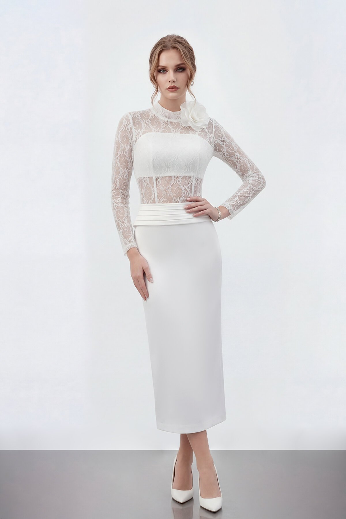 Dantel Büstiyer Detaylı Midi Elbise - 2041