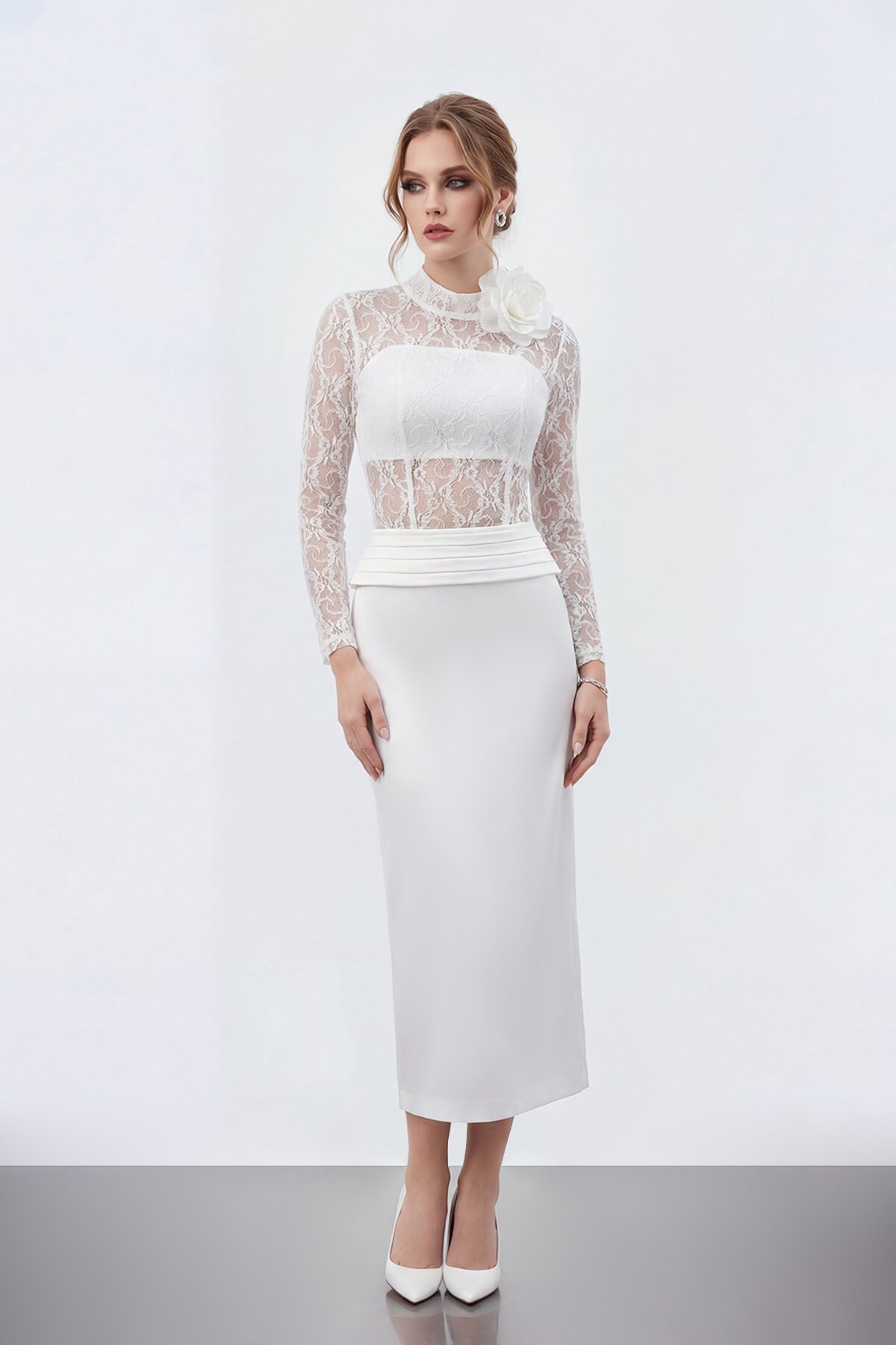 Dantel Büstiyer Detaylı Midi Elbise - 2041