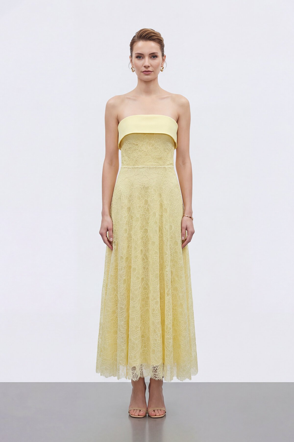 Dantel Dokulu Straplez Midi Abiye - 2115