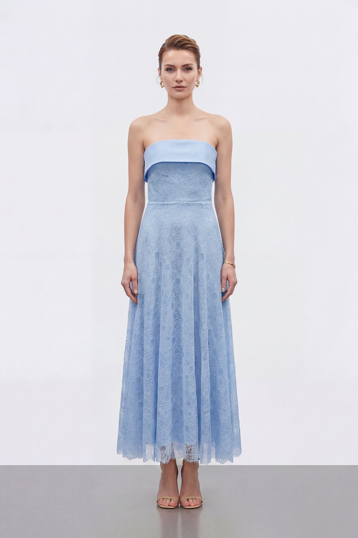 Dantel Dokulu Straplez Midi Abiye - 2115