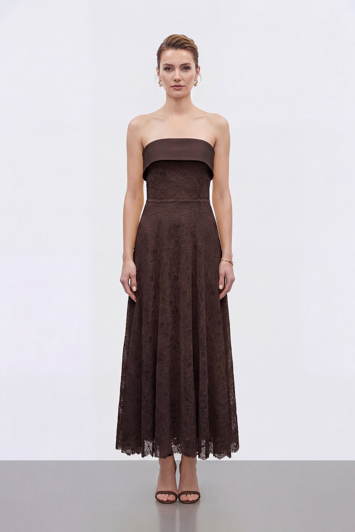 Dantel Dokulu Straplez Midi Abiye - 2115