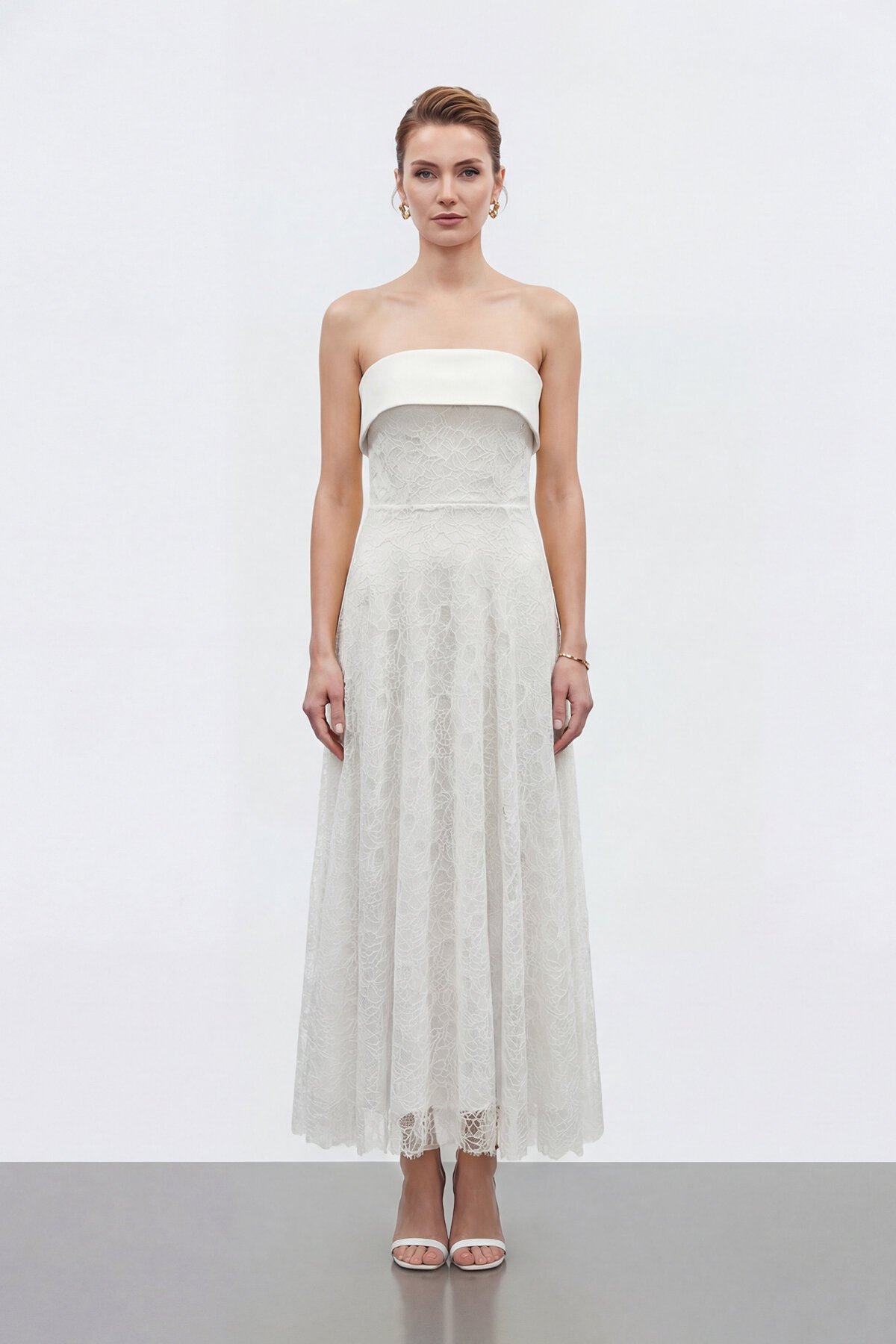 Dantel Dokulu Straplez Midi Abiye - 2115