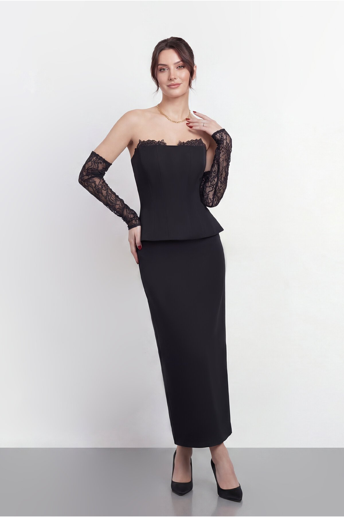 Dantel Eldiven Detaylı Straplez Korsaj Midi Abiye - 2116