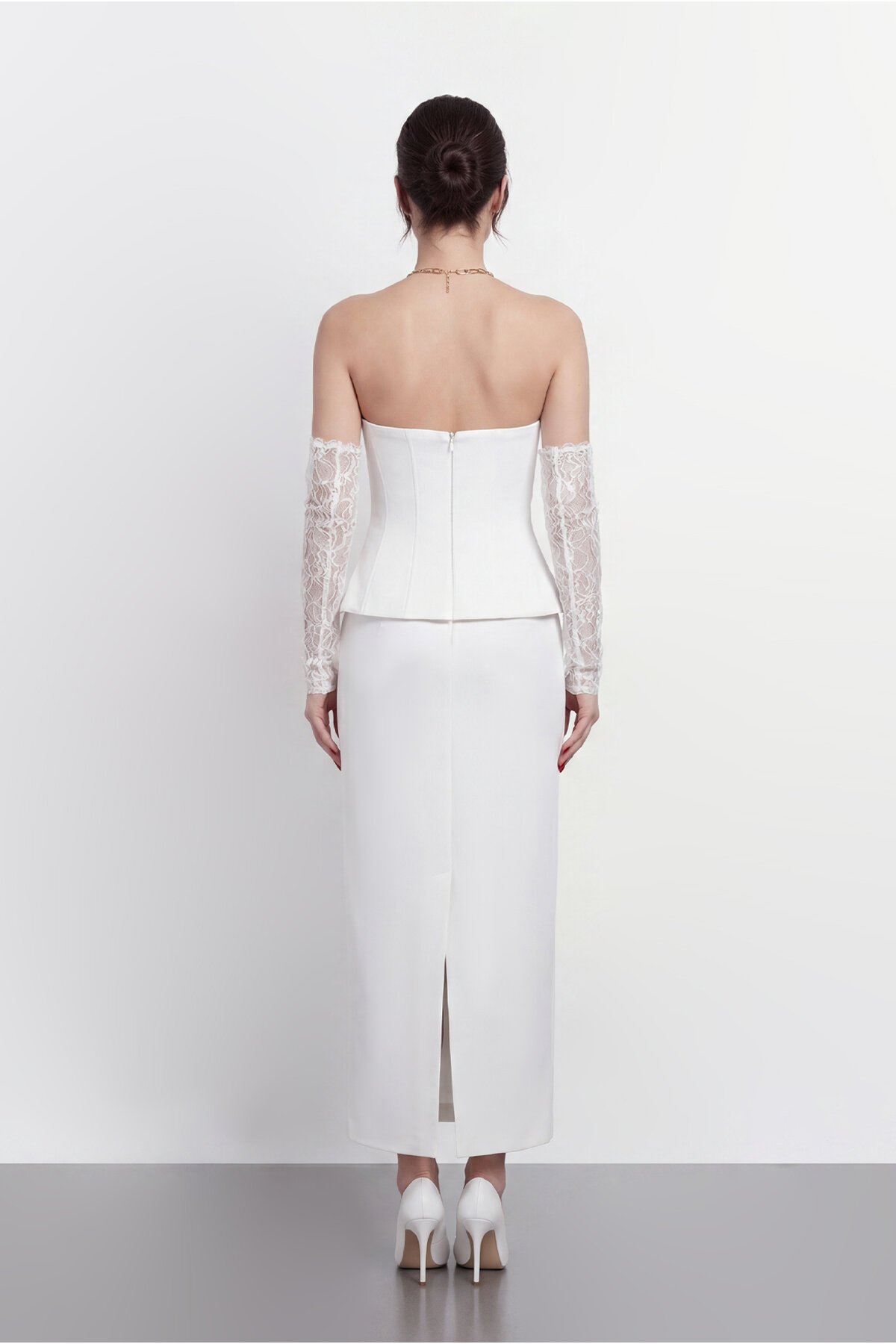 Dantel Eldiven Detaylı Straplez Korsaj Midi Abiye - 2116