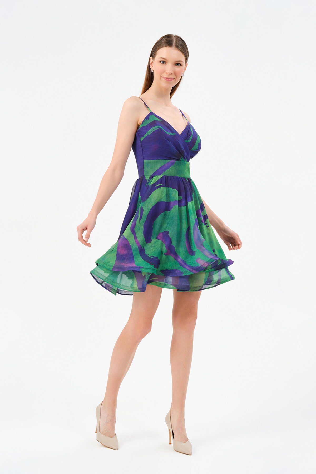 Desenli Volanlı Mini Elbise - 1521