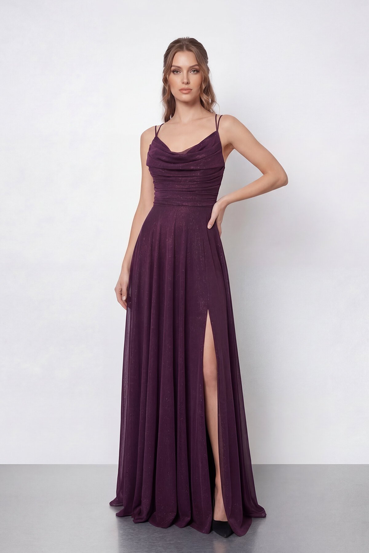 Dökümlü Yaka ve Yırtmaç Detaylı Işıltılı Uzun Abiye - 2042