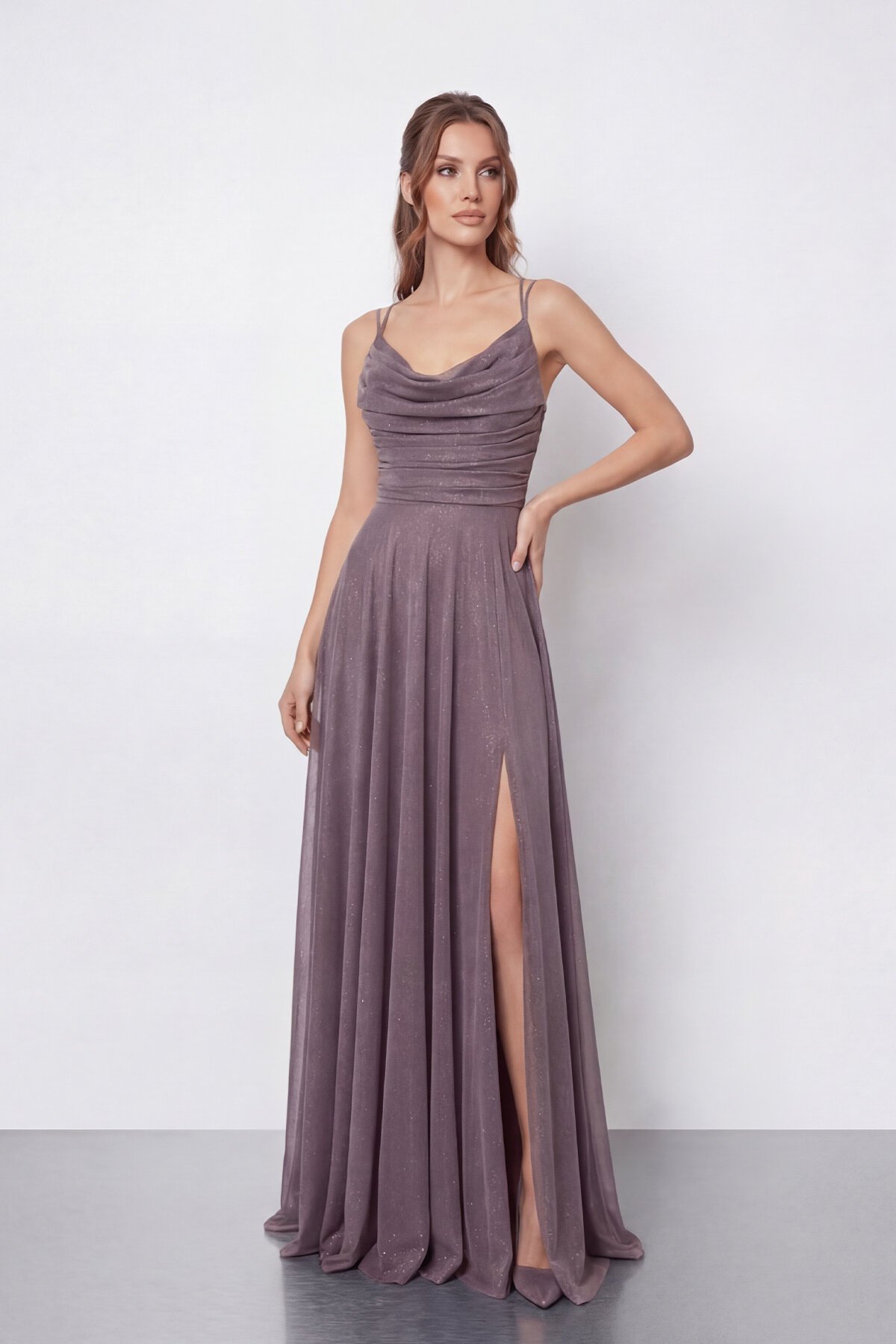 Dökümlü Yaka ve Yırtmaç Detaylı Işıltılı Uzun Abiye - 2042