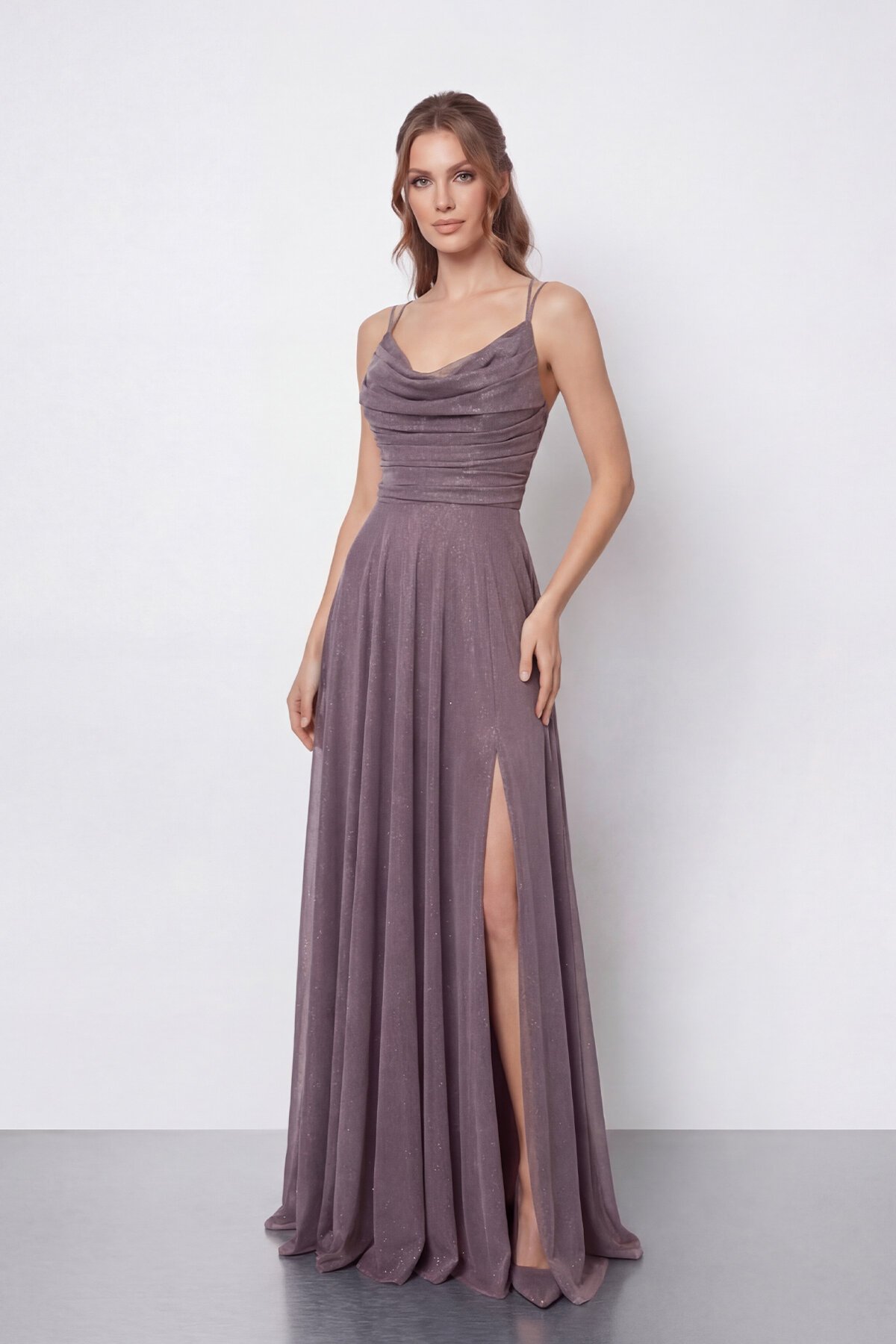 Dökümlü Yaka ve Yırtmaç Detaylı Işıltılı Uzun Abiye - 2042