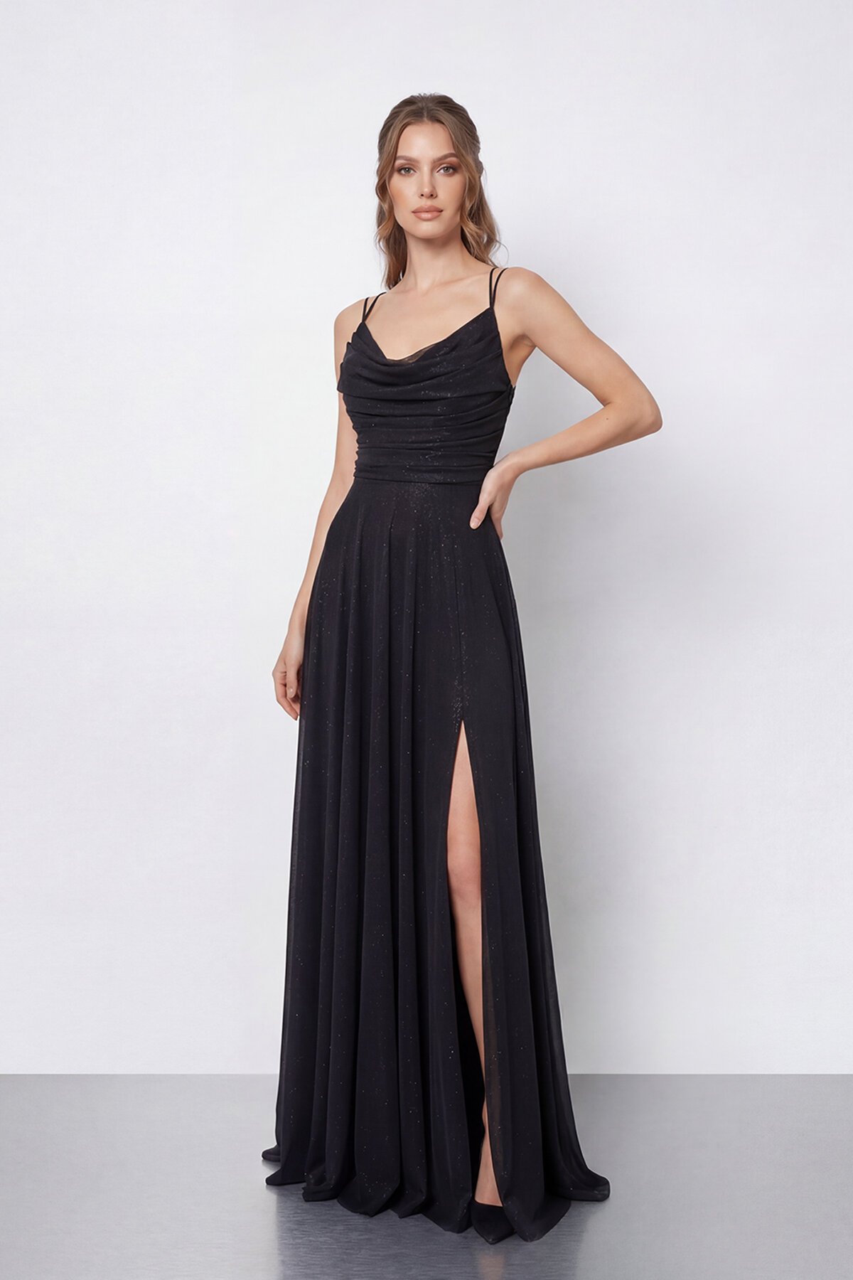 Dökümlü Yaka ve Yırtmaç Detaylı Işıltılı Uzun Abiye - 2042